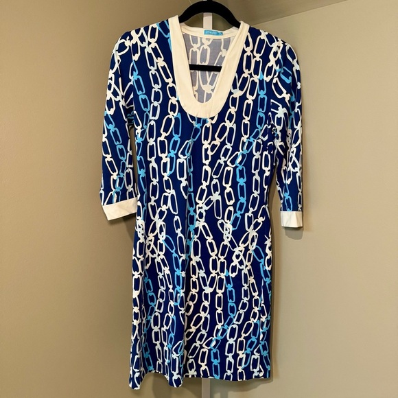 J. McLaughlin Blue/White Chain Pattern Dress - Size XS Catalina Cloth - Picture 1 of 5